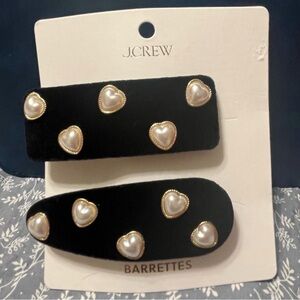 J. Crew Black Velvet Heart Pearl Barrette Duo with Gold Trim